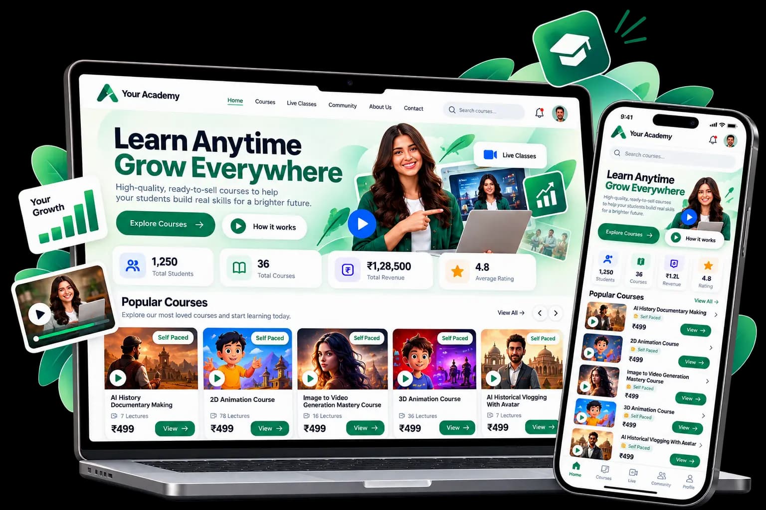 Your Academy Learning Platform Mockup showing branded student portal, video lectures, and curriculum